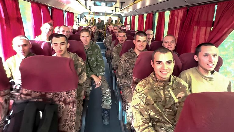 Video footage released by Russia showed a group of Russian soldiers captured in the Kursk region being driven away on a bus after being released in a prisoner swap between Russia and Ukraine. Pic: Russian Defense Ministry Press Service via AP